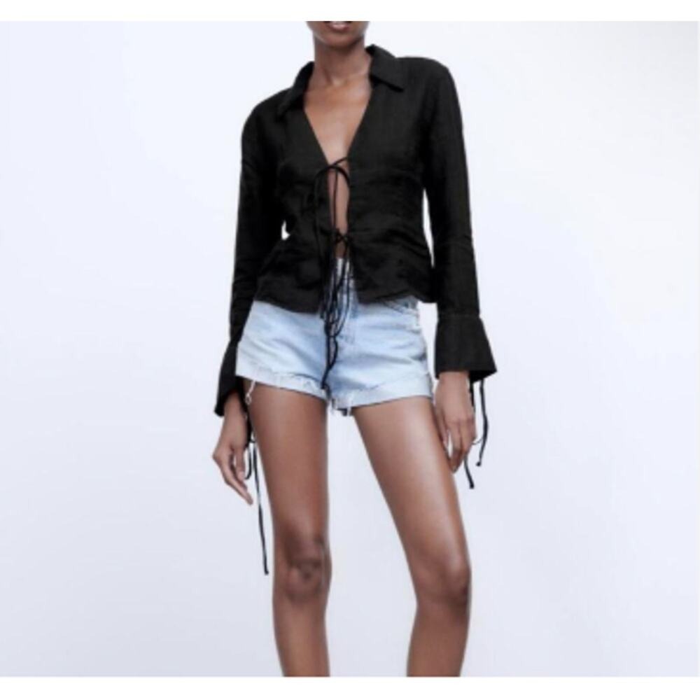 Zara Tie Top Long Sleeve Black Women Size Medium Fairy Grunge Y2K